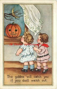 Halloween, Whitney No WNY07-2b, Jack o Lantern Warns Children about Goblins