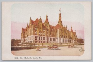 Castle Style Giant City Hall Bldg~Carriages On Road~St Louis MO~Vintage Postcard