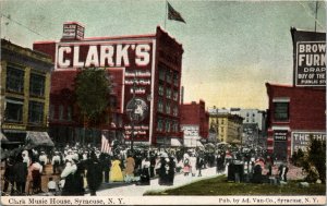 Postcard NY Syracuse Clark Music House Street View Coca Cola Sign RFD 1909 E1