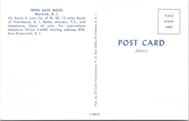 Warwick, RI Rhode Island  OPEN GATE MOTEL  ca1950's ROADSIDE Chrome Postcard