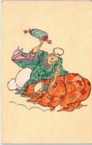 JAPANESE HANDCOLORED ARTWORK- Man Punishing Wife?  c1920s Blank Back Card