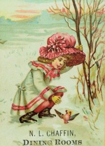 1880's N. L Chaffin Dining Rooms Winter Scene Adorable Girl Dead Bird Snow F98