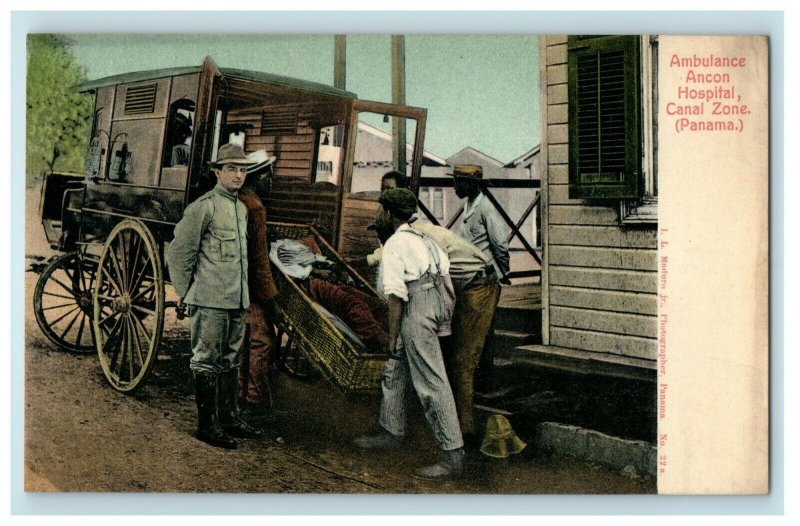 1907 Ambulance Ancon Hospital Loading Patient Canal Zone Panama Antique Postcard