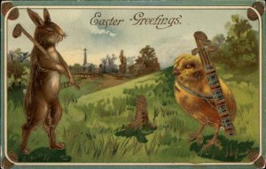 Easter Fantasy Rabbit Playing Golf Chick Caddy Gilt Gel c1910 Postcard 