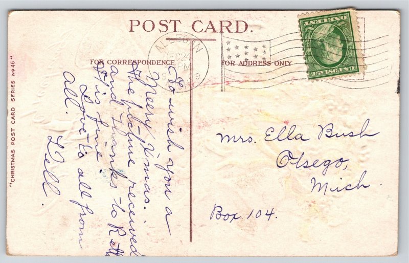 Clapsaddle~Bells Holly Ribbon & Christmas Greeting~Vintage Postcard