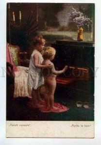 487925 NUDE Plump Kids in Nighty near Fireplace Vintage postcard RICHARD #1523