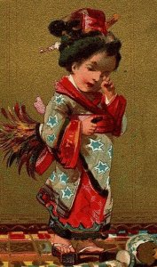  c1880s Aux Travailleurs French Trade Card Victorian Cute Oriental Girl 