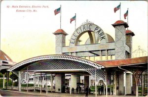 Kansas City, MO Missouri  ELECTRIC PARK  Main Entrance/Flags  ca1910's Postcard
