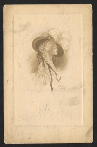 Profile Pretty Lady in Big Hat Used c1909