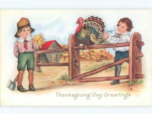 Pre-Linen Thanksgiving TURKEY & BOY HIDES AXE BEHIND BACK AB4359