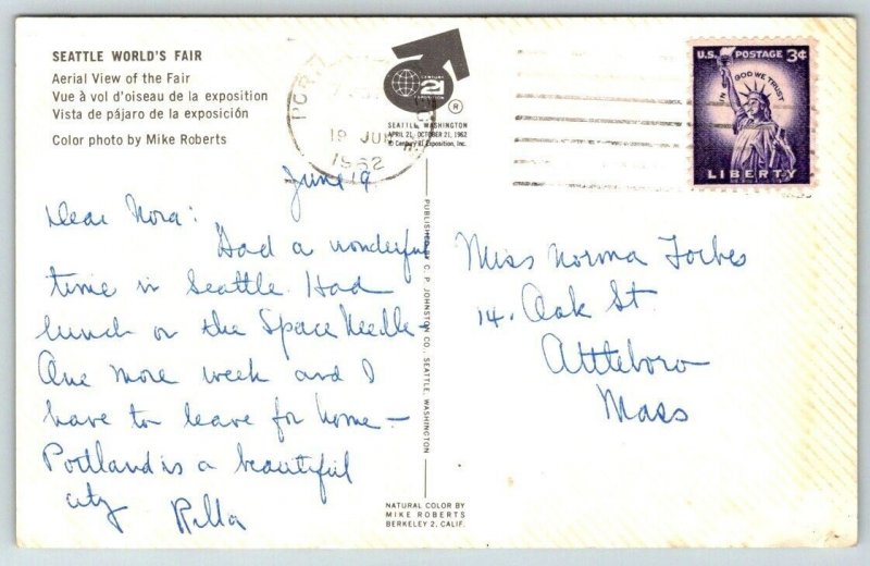 1962  Seattle World's Fair  Space Needle  Washington   Postcard
