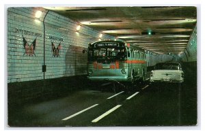 Detroit-Windsor Tunnel Windsor Ontario Canada Postcard Old Car & Bus