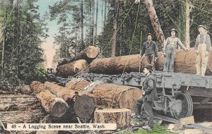 Logging Scene Loading Rail Car Near Seattle Washington 1910c postcard