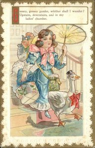 NURSERY RHYME Girl w Parasol and Goose Goosey Gander c1910 Postcard