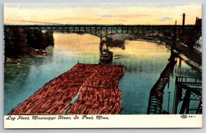 St Paul Minnesota~Lumber Log Float On The Mississippi River~Bridge~c1910 IPCC
