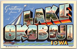 Greetings from Lake Okoboji Iowa IA Large Letter Landmarks on Lettering Postcard