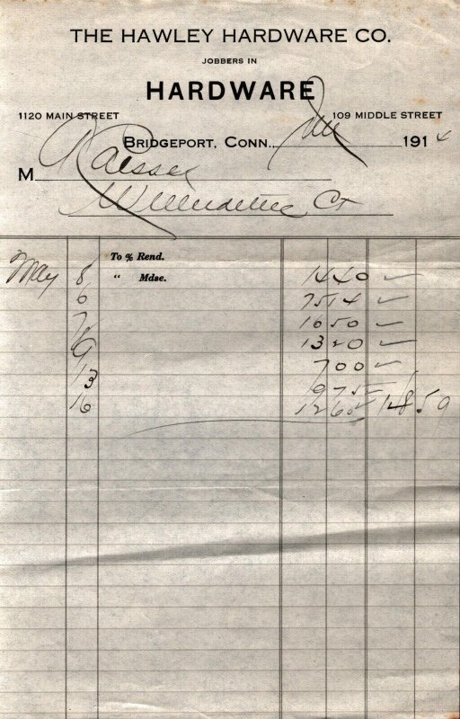 1914  Bridgeport  Connecticut  The Hawley Hardware Co.  Receipt  8 x 5