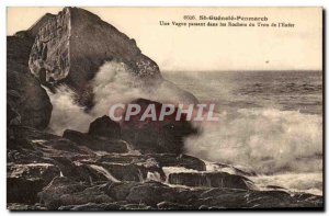 Old Postcard St Guenole Penmarch A wave passing through the hole of the Rocks...