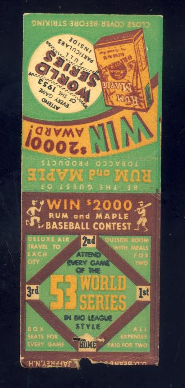 1953 World Series Matchcover, Rum & Maple Tobacco, Baseball