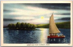 Greetings From Fairmont Minnesota MN Yacht Moonlight View Postcard