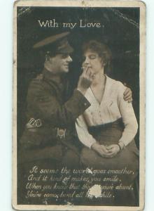 Pre-Linen Suffrage Interest WOMAN SMOKING CIGARETTE WITH WWI SOLDIER AB7550