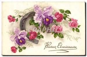 Old Postcard Happy Birthday Flowers Horseshoe