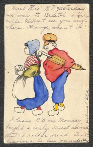 DUTCH COUPLE UMBRELLA MELROSE CONNECTICUT HAND DRAWN POSTCARD 1907