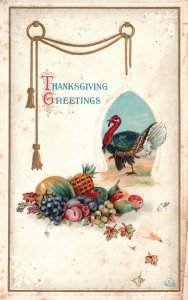 Vintage Postcard 1910's Thanksgiving Day Turkey Fruits Holiday Greetings