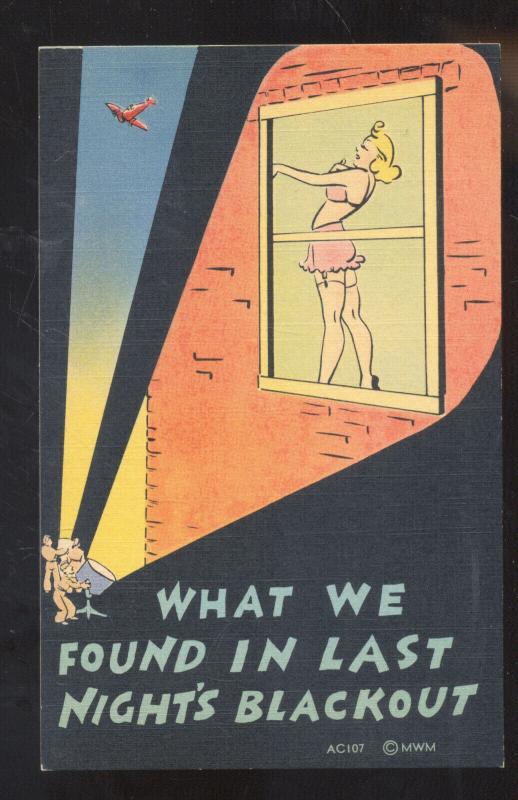 WHAT WE FOUND IN LAST NIGHTS BLACKOUT RISQUE PRETTY GIRL VINTAGE COMIC POSTCARD