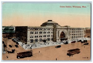 c1910 Union Station Winnipeg Manitoba Canada Antique Trolley Car Postcard