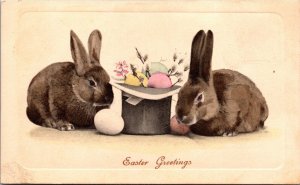 Hand Colored Easter Postcard Two Bunny Rabbits Top Hat Colored Eggs Pussy Willow