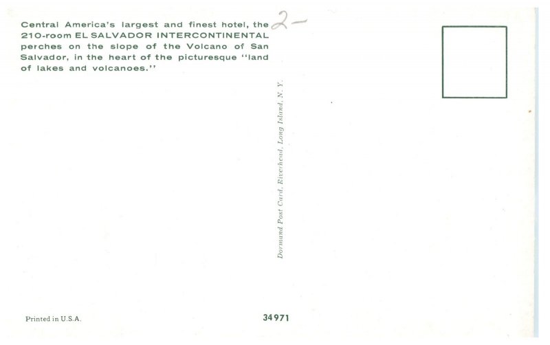 El Salvador Intercontinental Hotel San Salvador Volcano Vintage Postcard