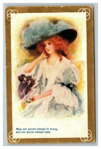 Vintage 1900's Fine Art Postcard Woman in Large Feathered Hat Gold Border NICE