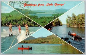 Adirondacks New York 1973 Postcard Lake George Boating Water Skiing Fishing