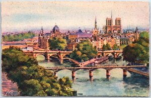 VINTAGE POSTCARD PARIS THE CITY NOTRE DAME & THE BRIDGES BY YVON c. 1940s