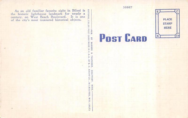 BILOXI, MS Mississippi LIGHT HOUSE~Tree Lined Street LIGHTHOUSE c1940's Postcard