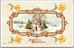 1912 A Joyful Christmas Snow Houses Landscape Yellow Flowers Posted Postcard