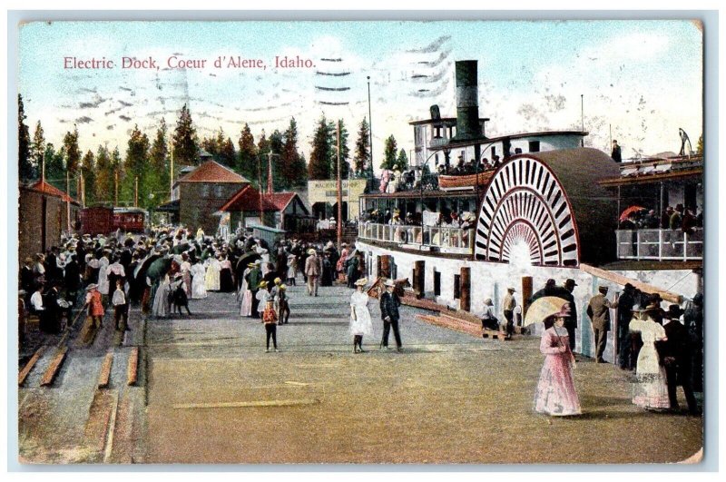 Coeur D' Alene Idaho ID Postcard Electric Dock Crowd Steamer Ship 1909 Vintage