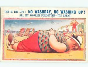 Bamforth Comic FAT WOMAN LIES DOWN ON THE BEACH AC0067