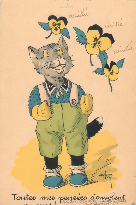 Dressed humanized cat caricature vintage greetings postcard France chat humanise