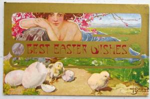Art Nouveau Elegant Woman Gold Chicks Easter Postcard