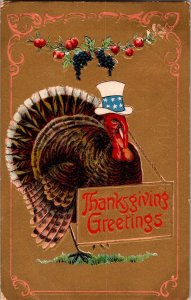 Turkey In Hat, Thanksgiving Greetings c1910 Vintage Postcard N71