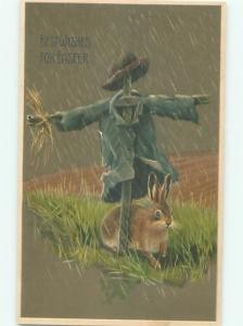 Pre-Linen Easter CUTE BUNNY RABBIT UNDER A SCARECROW AB3716