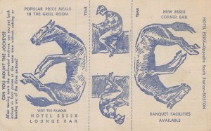 BOSTON MA~HOTEL ESSEX-LOUNGE BAR~PAPER DOLL JOCKEY & HORSE~1949 PSTMK POSTCARD