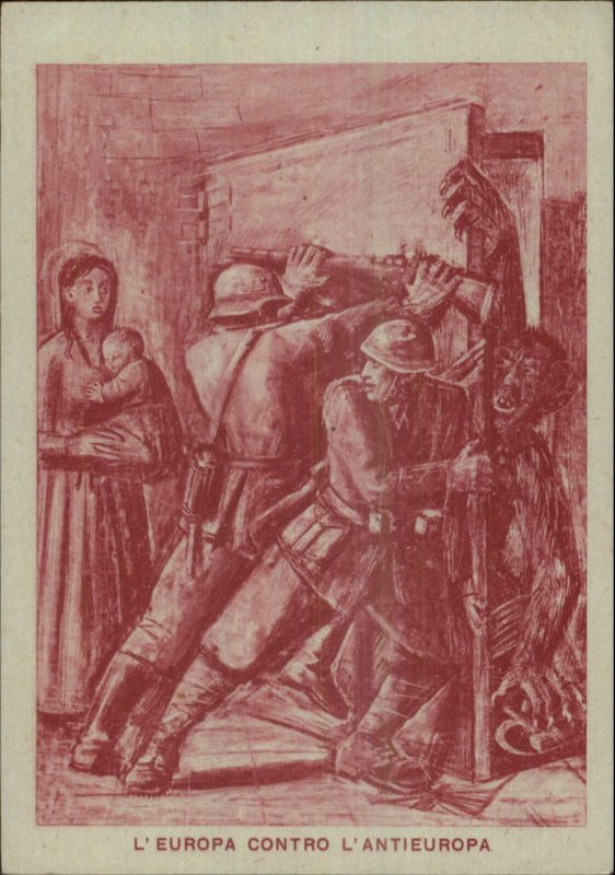 WWII Italy Europe Soldiers Keep Devil Out Mussolini Propaganda Postcard G19