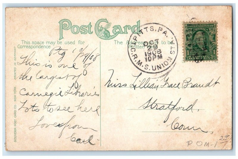 1908 New Carnegie Library Pittsburg Pennsylvania PA Posted Antique Postcard