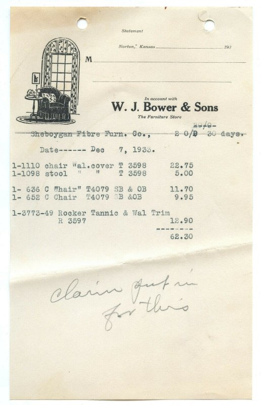 W. J. Bower & Sons Norton Kansas Vintage Dec. 7, 1933 Invoice