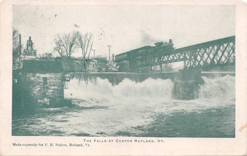 CENTER RUTLAND VT~WATERFALLS-RAILROAD TRAIN-HIGH BRIDGE-F E NELSON POSTCARD 1921