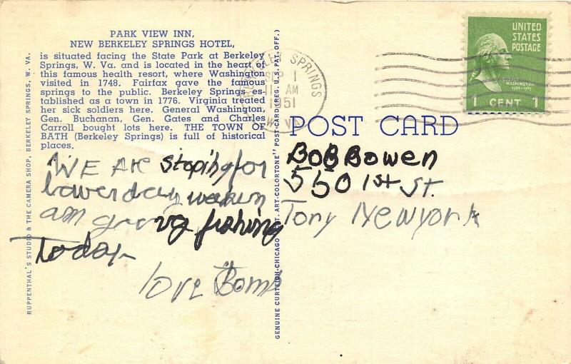 Berkeley Springs West Virginia 1951 Postcard Park View Inn