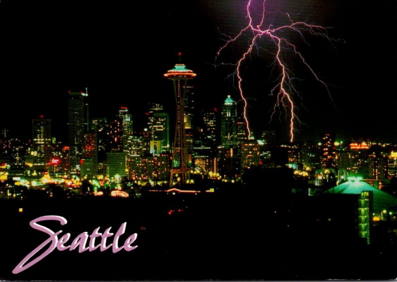 Washington Seattle At Night With Lightning